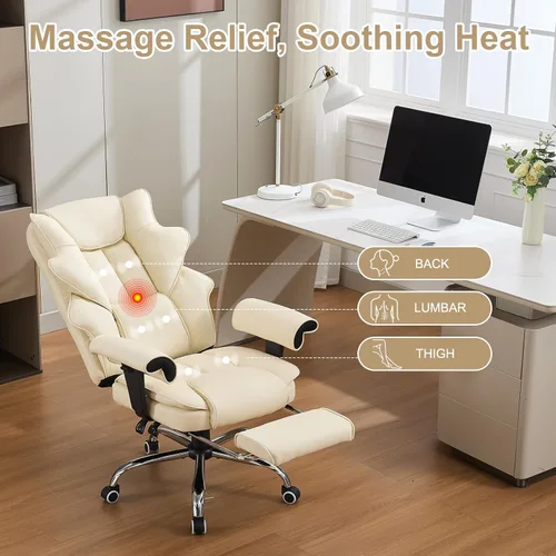 Miniatura 4 de Silla de oficina de masaje climatizada con reposapiés retráctil, silla de oficina de masaje de vibración de 6 puntos con control remoto y Beige