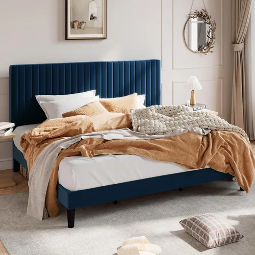 Miniatura 21 de SHA CERLIN - Base de cama tamaño Queen tapizada con plataforma y cabecera acolchada de terciopelo con canales verticales ajustables, soporte