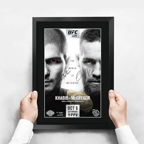 Miniatura 3 de HWC Trading UFC 229 Pelea Khabib Nurmagomedov vs Conor McGregor 40 x 30 cm Regalos con Marco Autógrafo Impreso y Firmado para Fans de Recuerdos