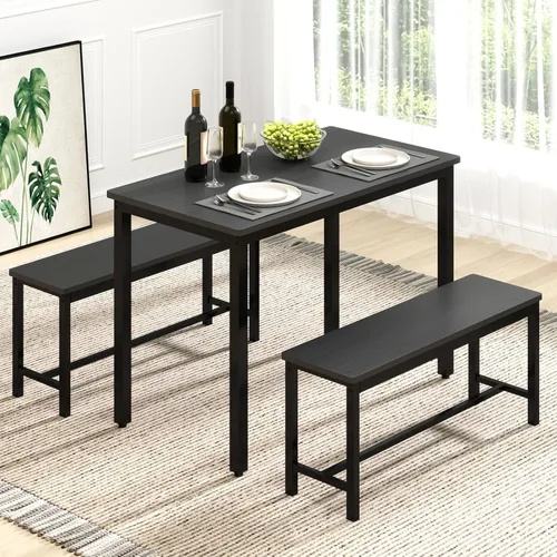 Miniatura 9 de Rovibek Juego de mesa de comedor para 4, mesa de cocina moderna que ahorra espacio con 2 bancos tapizados y pies ajustables, mesa de desayuno