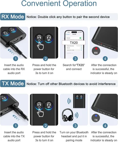 Miniatura 7 de Receptor transmisor Bluetooth 5.2, adaptador inalámbrico de avión 2 en 1, doble enlace AptX adaptativo/baja latencia/audio HD, adaptador auxiliar