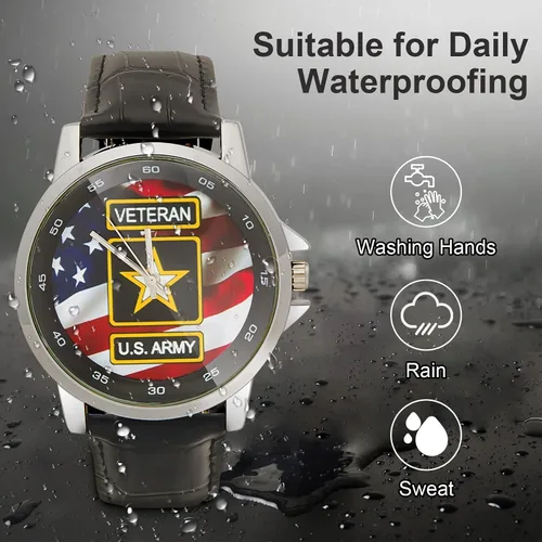 Miniatura 2 de Diseño especial Militar Ejército de los Estados Unidos Veterano y Bandera Americana Personalizada Unisex Acero Inoxidable Correa de Cuero Reloj Caja