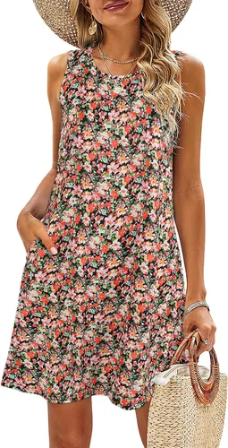 Miniatura 124 de SimpleFun - Vestidos de verano para mujer, camiseta floral, vestido de playa de estilo bohemio, informal, con bolsillos y sin mangas