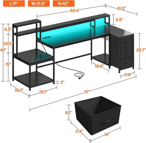 Miniatura 3 de Escritorio para juegos en forma de L de 71 pulgadas con 3 cajones y estante superior, escritorio para computadora con soporte para monitor y toma