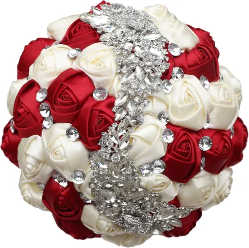 Miniatura 23 de XINNI Ramo de boda verde esmeralda para novia, dama de honor, satén rosa, ramo de boda con diamantes de imitación en forma de lluvia de meteoritos