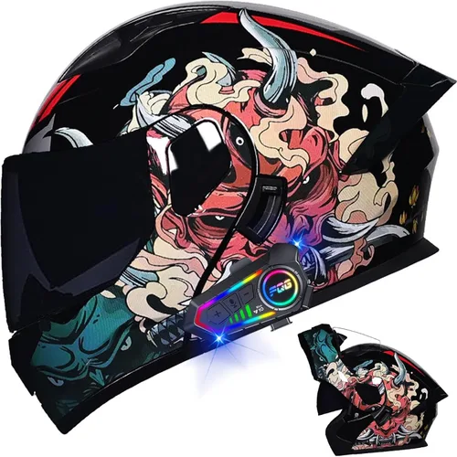 Miniatura 31 de Casco modular Bluetooth para motocicleta, aprobado por DOT, de cara completa, abatible, antivaho, doble visera, casco de motocicleta de calle, LENTE