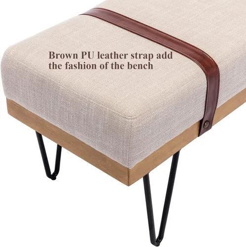 Miniatura 5 de DUOMAY Banco otomano rectangular de lino moderno industrial con correa de poliuretano y patas de metal, mesa de comedor de mediados de siglo, Beige