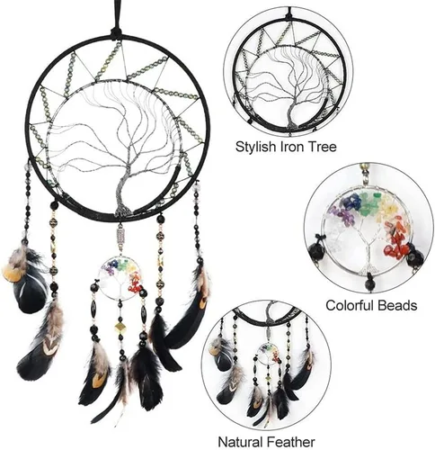 Miniatura 3 de Árbol de la vida negro de 7 chakras, decoración de pared con piedra de cristal curativo arco iris, hecho a mano, plumas, atrapasueños, adorno