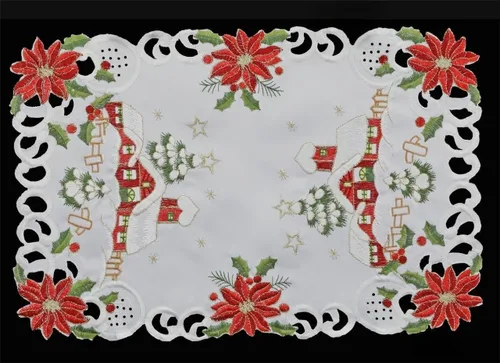 Creative Linens Juego de 4 manteles individuales bordados de Navidad de 11 x 17 pulgadas, diseño de flor de pascua roja con árbol de Navidad, color