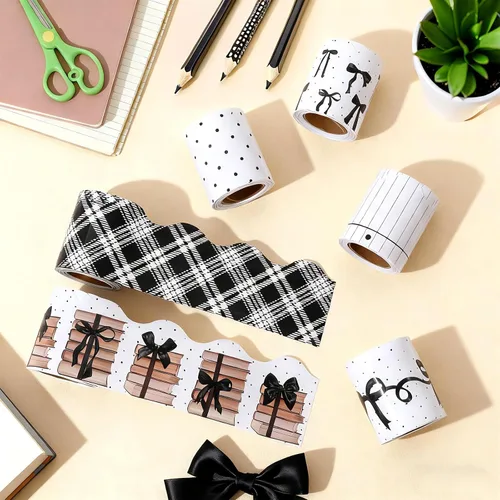Miniatura 4 de Bordes de tablón de anuncios con lazo negro de 196 pies, 6 rollos de lazo negro y libro festoneado para el aula, tablero de anuncios para decoración