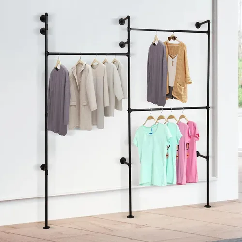 Miniatura 3 de Perchero de ropa de tubería industrial, 74.01 pulgadas montado en la pared industrial estante de ropa de tubería, estante de ropa montado