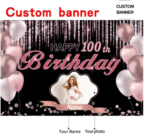 Miniatura 2 de Cartel de decoración de feliz cumpleaños número 100 de oro rosa, tamaño grande, personalización con nombre y foto compatible