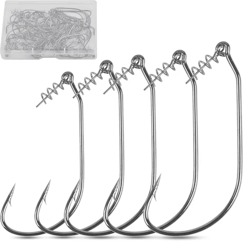 Twistlock - 50 ganchos de pesca con pasador de resorte centrado para señuelos de plástico suave, cebos de agua salada de agua dulce, tamaño 1/0 2/0