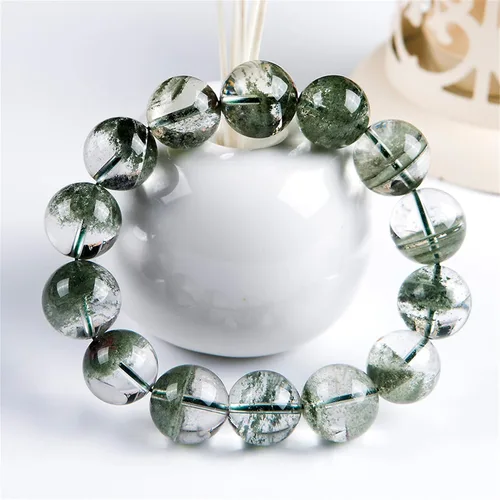 Miniatura 2 de Natural Green Phantom vidrio de cuarzo ronda Bead Stretch Mens pulsera 16mm