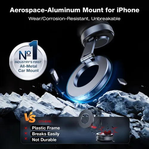 Miniatura 5 de Soporte magnético de teléfono para automóvil, soporte de aluminio aeroespacial para iPhone con imán de 3200 gf y succión de vacío de 80 libras