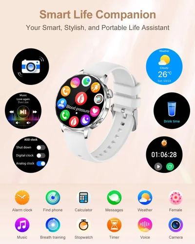 Miniatura 5 de Reloj inteligente para mujer, pantalla táctil HD de 1.27 pulgadas, llamadas Bluetooth, frecuencia cardíaca y seguimiento del sueño, más de 100 modos