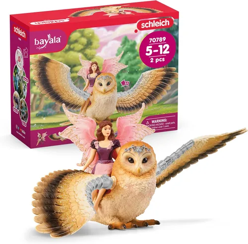 schleich Bayala - Figura de hada en vuelo con búho glamoroso, juguete de hadas y pájaro mágico con alas móviles, juego de juguetes de fantasía