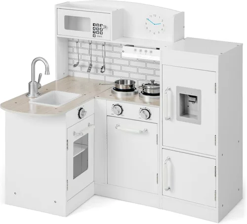 Costzon Juego de cocina esquinera para niños, juego de cocina de madera 8 en 1 con microondas realista, horno, estufa, refrigerador, campana