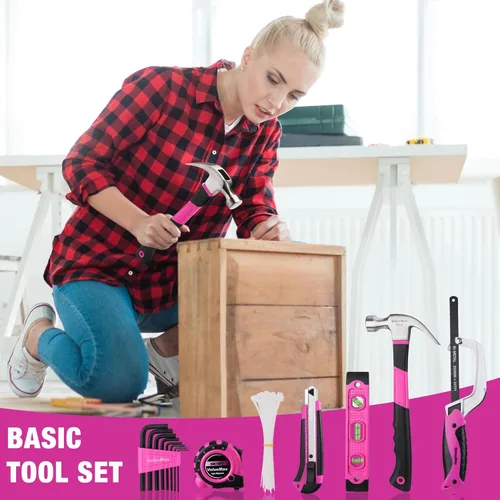 Miniatura 3 de ValueMax Kit de herramientas rosa, juego de herramientas de reparación del hogar de 218 piezas, kit de herramientas para el hogar con bolsa