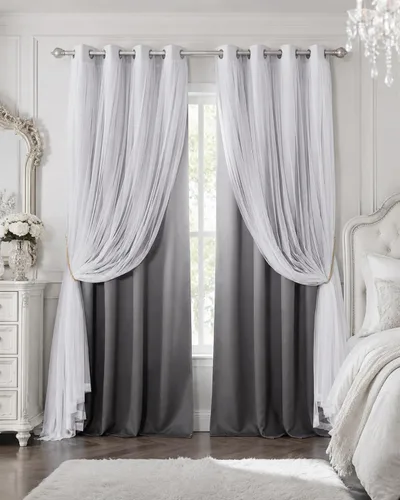 PONY DANCE Cortinas para Sala de Estar - Cortinas Opacas Gris Degradado con Superposición de Gasa Blanca Térmicamente Aisladas Mezcla y Combina para