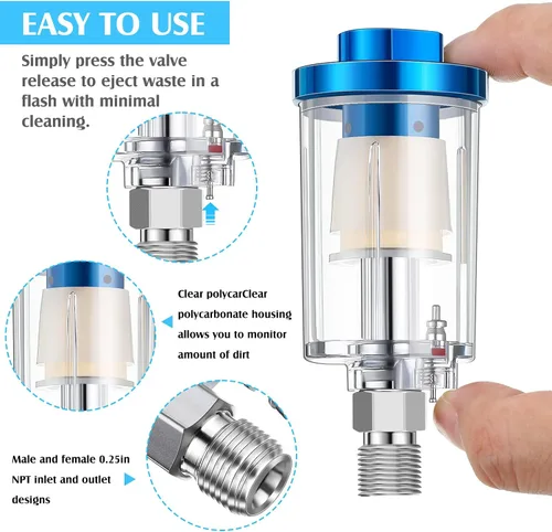 Miniatura 3 de 2 paquetes de regulador de presión de aire de 1/4 de pulgada, separador de agua, compresor de aire para pistola rociadora regulador con manómetro