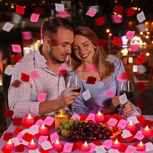 Miniatura 2 de Honoson 1000 pétalos de rosa artificiales con 24 velas LED en forma de corazón sin llama, velas especiales románticas para decoración nocturna