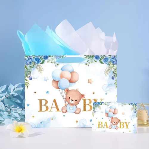 Miniatura 8 de Plauthus Bolsas de regalo grandes para bebé de 13 pulgadas con papel de seda y tarjeta de felicitación (oso de balón y floral), bolsas de regalo