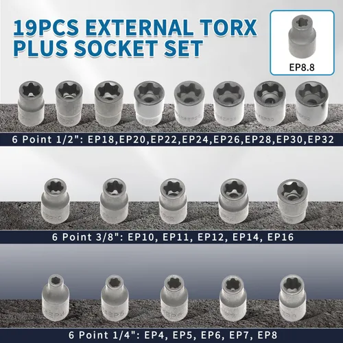Miniatura 2 de Juego de llaves de vaso Torx Plus externas de 6 puntos EP Socket EP4, EP5, EP6, EP7, EP8, EP10, EP11, EP12, EP14, EP16, EP18, EP20, EP22, EP24