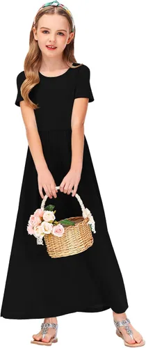 Miniatura 5 de Deerose Vestido largo casual de manga corta para niñas, con bolsillos, de 5 a 14 años