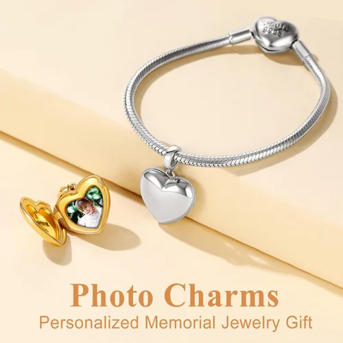 Miniatura 5 de Custom4U Photo Charms for Bracelets 925 Sterling Silver/Gold Plated Heart/Tree of Life/Round Charm Bead Personalized with Picture Custom