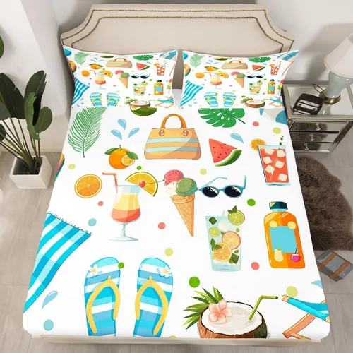 Castle Fairy Juego de sábanas bajeras de verano con diseño botánico de hojas de palma, tamaño individual, diseño de acuarela, lindas frutas y