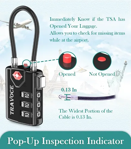Miniatura 12 de Search Alert - Cerraduras de cable de equipaje de combinación de viaje aprobadas por la TSA para maleta, casillero de gimnasio, caja