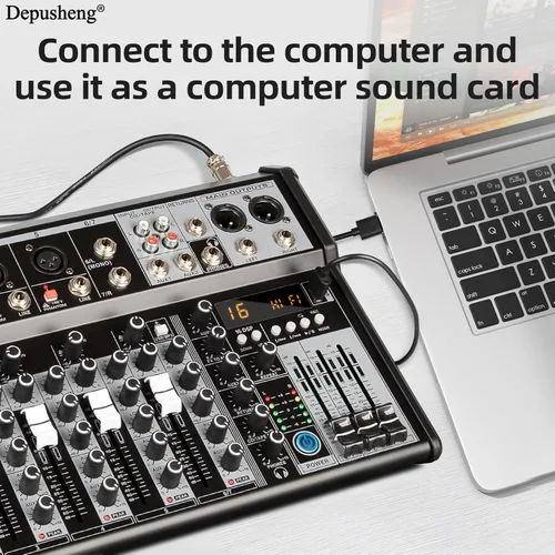 Miniatura 3 de Depusheng Mezclador de Audio Profesional, Interfaz de Audio de 7 Canales Sistema de Consola de Mezcla de Mesa de Sonido, Mezclador DJ DSP Bluetooth