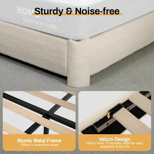 Miniatura 5 de Base de cama tamaño Queen, marco de cama Boucle con cabecera ajustable, cama de plataforma tapizada moderna con listones de madera, esquinas Beige