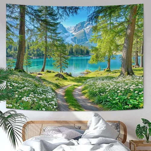 Miniatura 33 de Zussun Tapiz de Bosque Natural de Montaña Tapiz Verde de Pino Luz Solar Selva para Dormitorio Estético Planta Paisaje de Montaña Tapices Pequeños