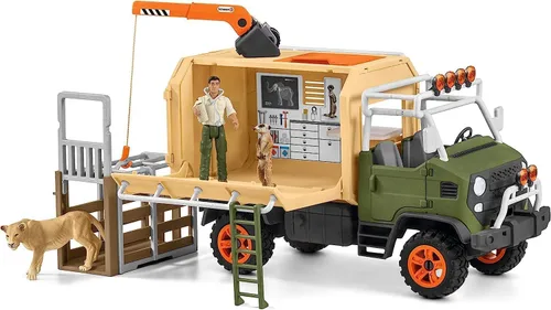 Miniatura 2 de Schleich Wild Life - Juego de camión de juguete de rescate de animales de 45 piezas, con figura de acción Ranger Tom, figuras de león y suricata.