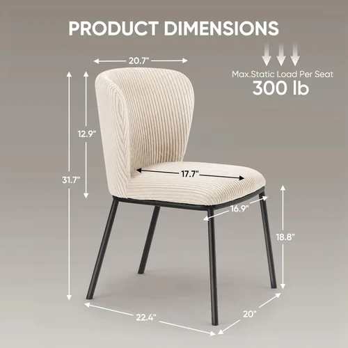 Miniatura 2 de SIMTONAL Juego de 2 sillas de comedor tapizadas, sillas de cocina de pana sin brazos con asiento de espuma viscoelástica, patas de metal negro