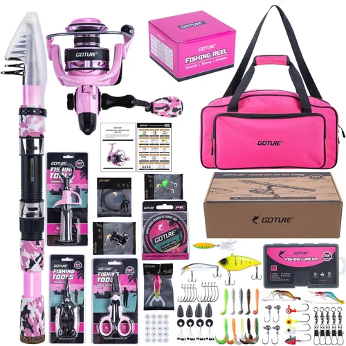 Miniatura 14 de Goture Combo de caña de pescar y carrete rosa - Carrete giratorio ML Action con bolsa rosa - Kit de caña telescópica para principiantes, viajes