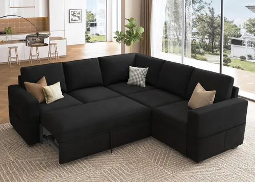 Miniatura 12 de HONBAY Sofá seccional modular con cama extraíble, sofá cama con forma de U extraíble con secciones de almacenamiento para sala de estar - Beige