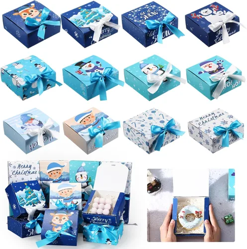 Miniatura 11 de Cholemy 36 piezas de cajas de regalo de Navidad de papel kraft con tapas, paquete de cajas de regalo pequeñas con lazo vacías para Navidad, cajas