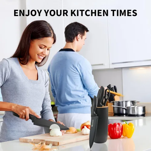 Miniatura 5 de Juego de cuchillos negros con bloque, juego de 6 cuchillos para tijeras de cocina con soporte compacto, cuchillo de chef afilado sin palo, diseño