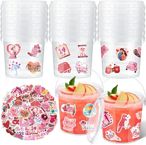 Miniatura 11 de PerKoop 20 cubos de helado de 32 onzas con tapas y asas, cubos transparentes de ron de cóctel con calcomanías, tina transparente de plástico
