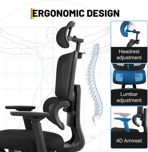 Miniatura 3 de Silla de oficina ergonómica de malla con reposacabezas 3D, silla de escritorio lumbar ajustable de 400 libras, brazos abatibles 4D, respaldo