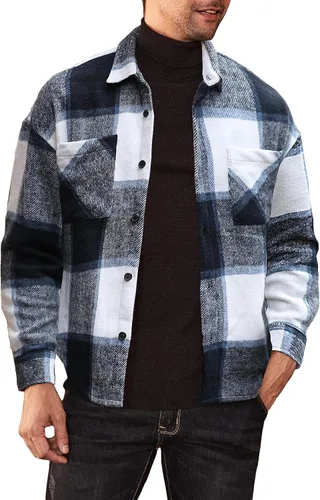 JMIERR Camisas de franela para hombre, estilo casual, con botones, manga larga, a cuadros, chaquetas ligeras con bolsillos