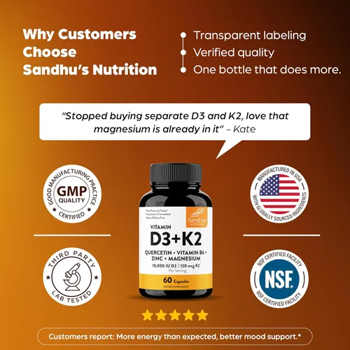 Miniatura 8 de Sandhu's Vitamina D3 K2 Magnesio 10000 IU, 120mcg K2 Cápsulas 60 unidades (paquete de 1) con VIT B6, zinc y quercetina D3K2 apoya la absorción