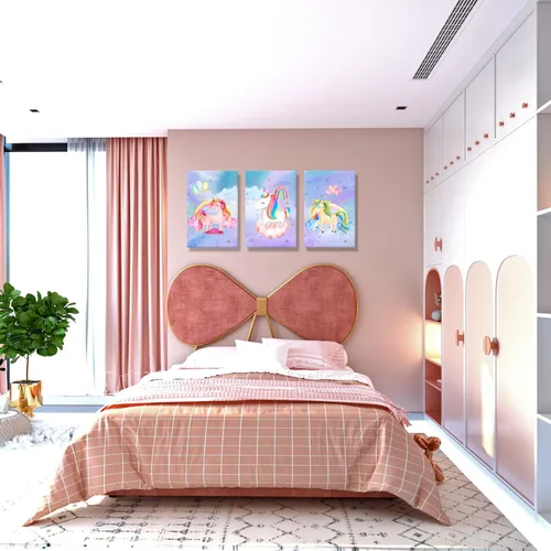 Miniatura 7 de YUANAND Arte de pared de unicornio para dormitorio de niña, cuadros de lienzo de arcoíris para decoración del hogar del cuarto del bebé, carteles
