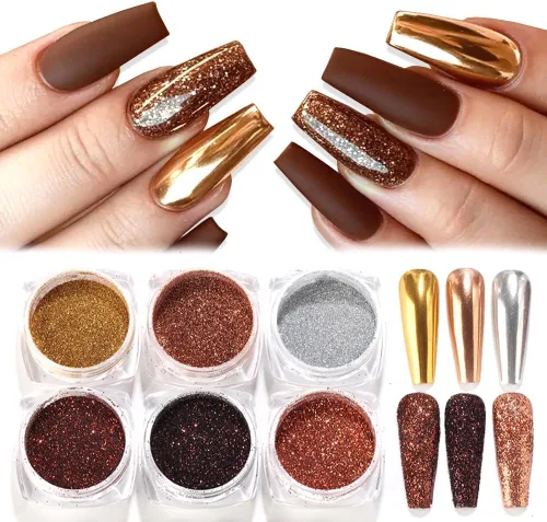 Miniatura 9 de Polvo de uñas cromado, efecto espejo, polvo metálico, 6 colores, bronce, marrón, negro, oro rosa, holográfico, purpurina cromada, pigmento en polvo