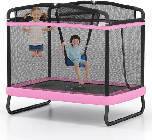 Giantex Trampolín de 6 pies para niños con columpio, trampolines para niños pequeños con red de seguridad, aprobado por ASTM, mini trampolín Rosa