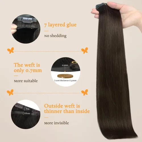Miniatura 4 de DOORES Extensiones de cabello con clip invisible, marrón oscuro 130g 7 piezas 18 pulgadas, extensiones de cabello grueso virgen para mujeres, trama