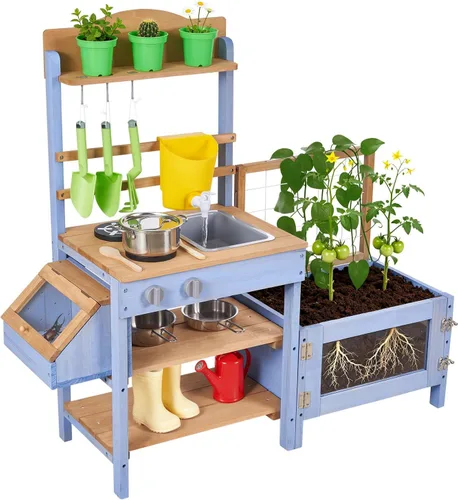 VEVOR Cocina de barro, cocina de barro al aire libre para niños, cocinas de juego de madera al aire libre con caja de plantación, recipiente para